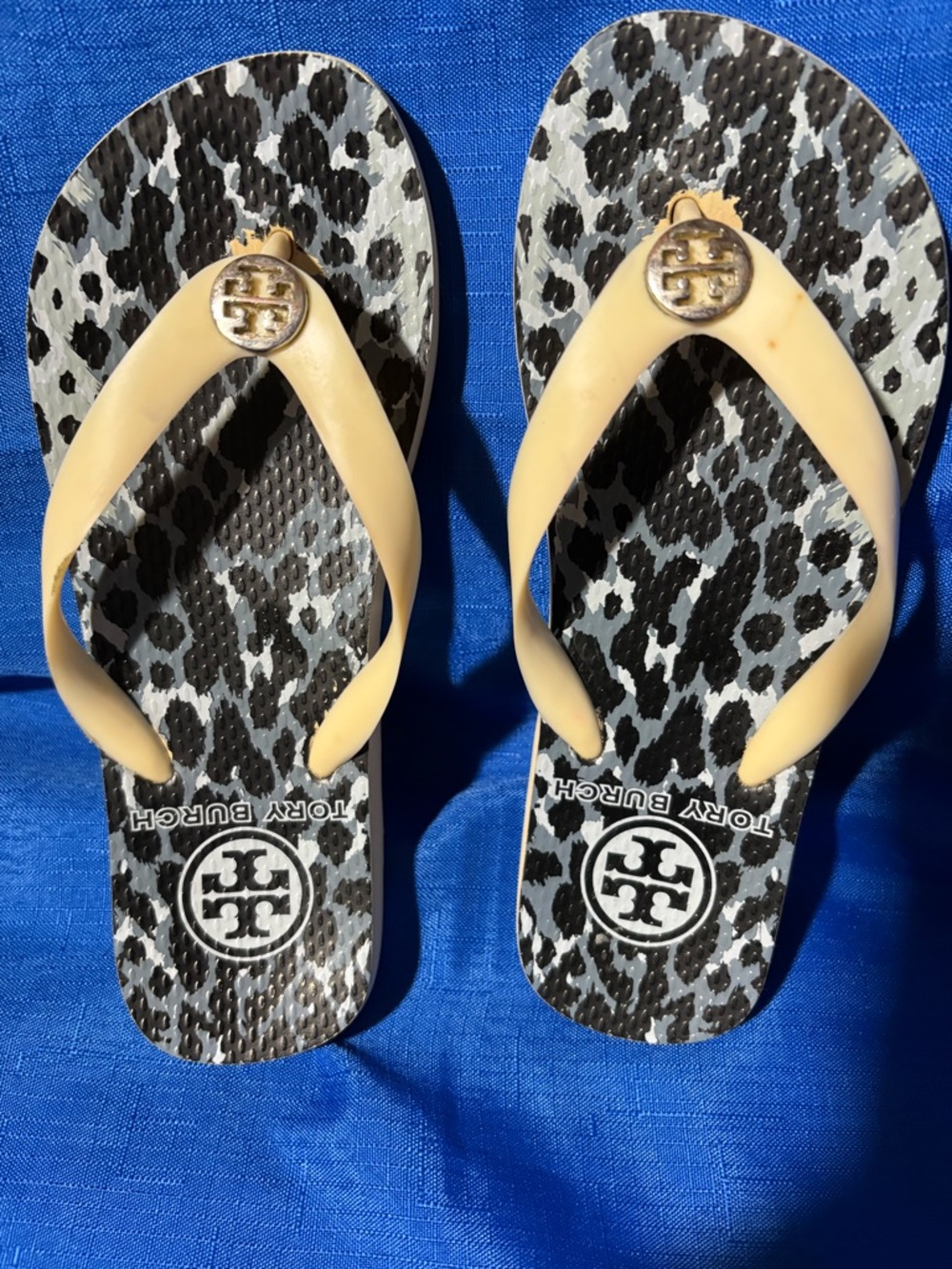 Tory Burch Black & Gray Leopard Print Flip Flops with Cream Straps
